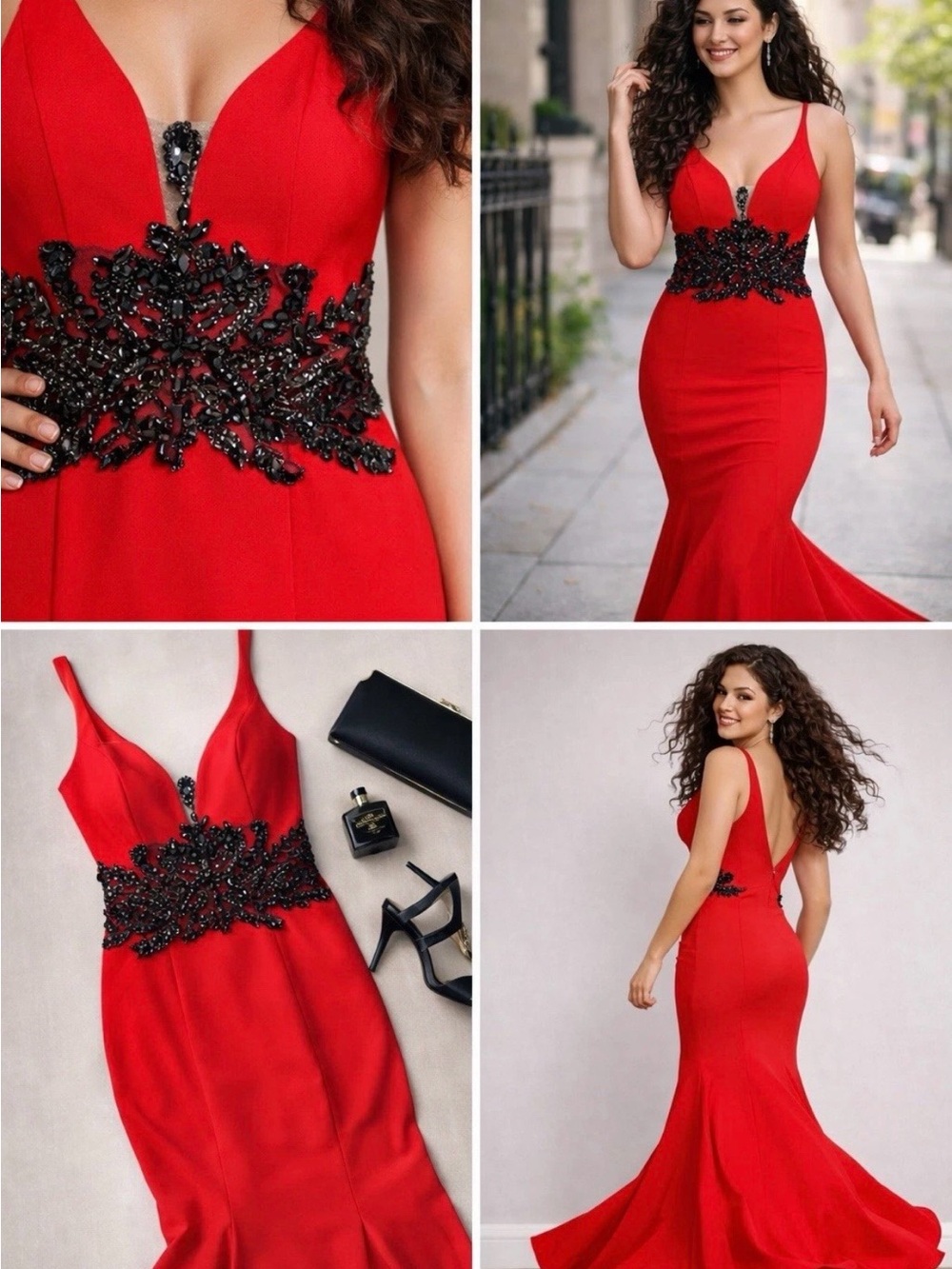 Cinderella Divine Elegant Red V-Neck Prom Gown with Black Beaded Waist